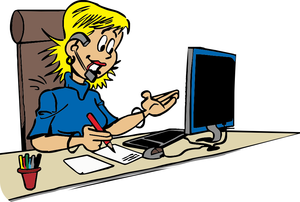 Clipart MEINsektenschutz Beratung. Frau am Schreibtisch. Hotline, Hilfe, Support.